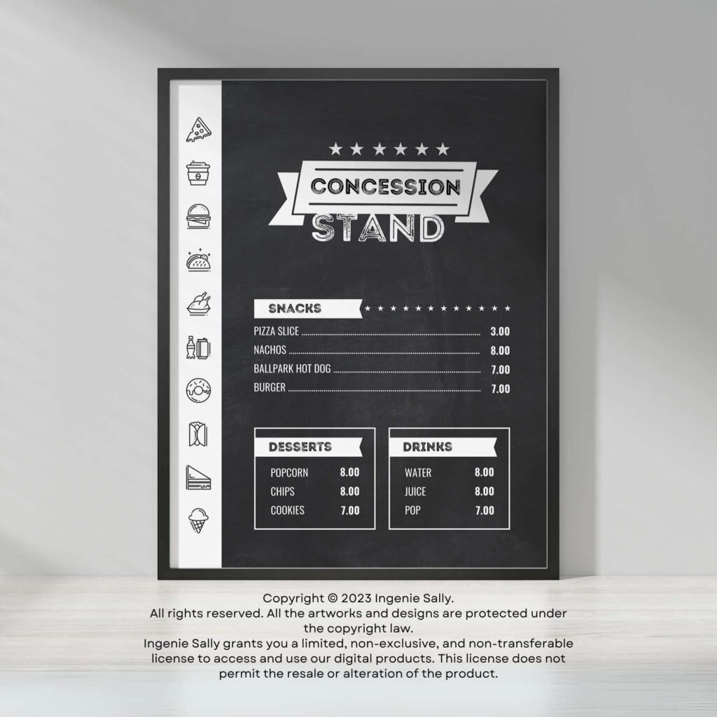 Printable DIY Concession Menu Sign Canva Template Chalkboard Style