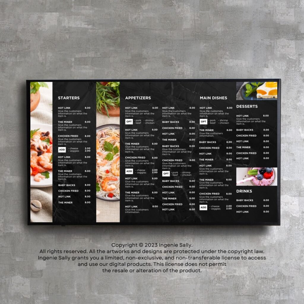 Black Restaurant and Cafe TV Digital Menu Board Horizontal Canva Template