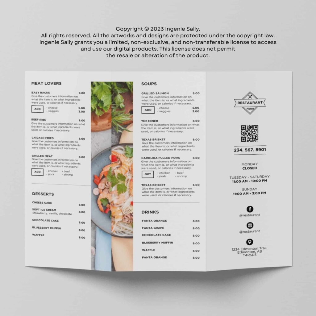 White Printable Trifold Brochure Restaurant Canva Takeout Menu Template
