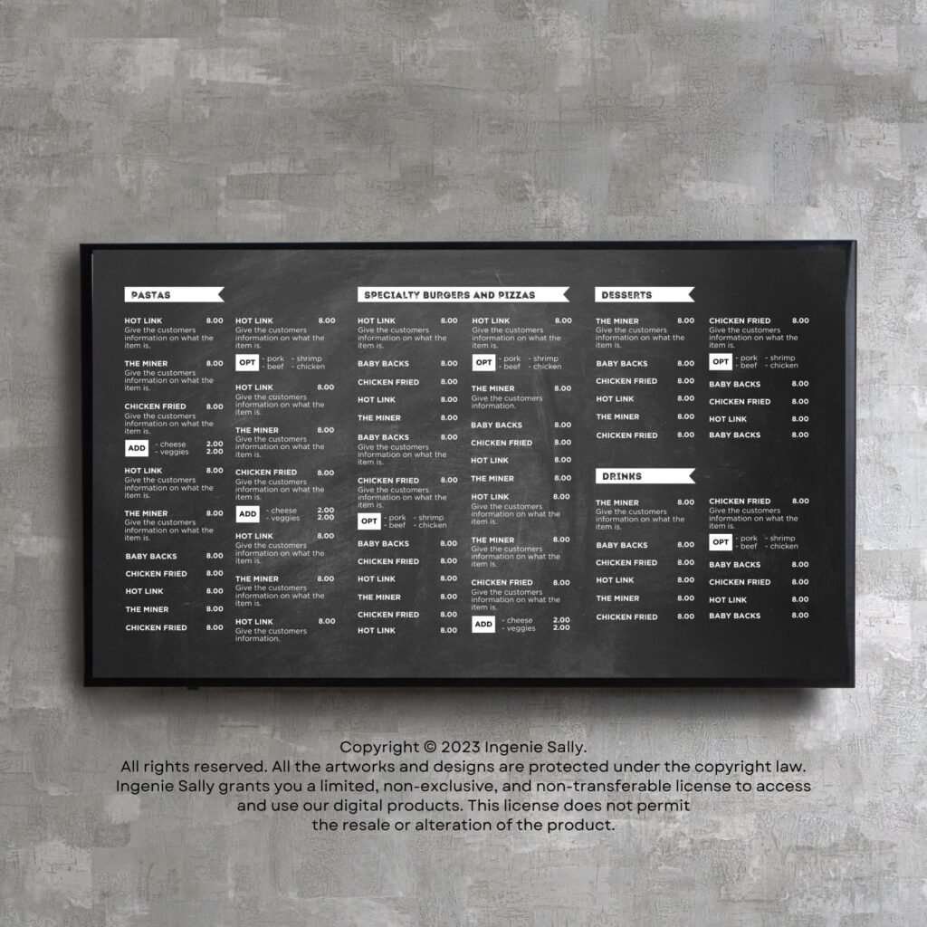 Chalkboard Horizontal TV Digital Menu Board and Matching Takeout Menu Canva Template Bundle