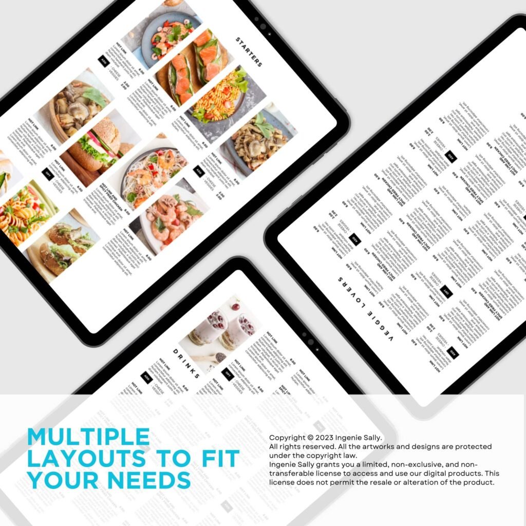 Menu layout featuring food and drinks