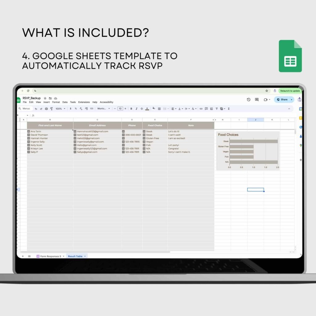 Google Sheets RSVP tracking template displayed