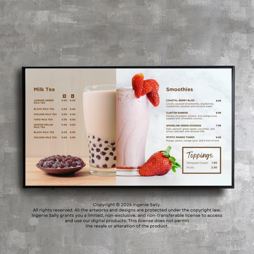 Juice and Smoothie TV Digital Menu Board Horizontal Canva Template