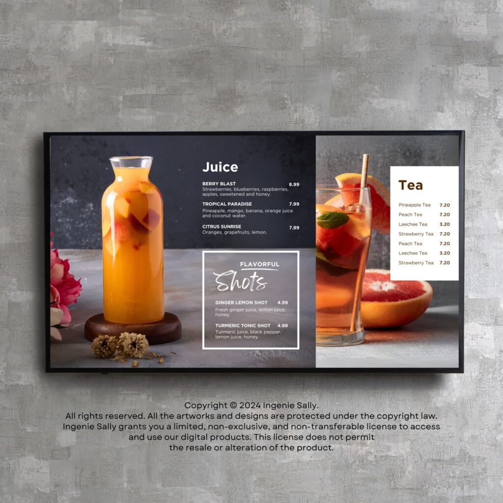 Juice and Smoothie TV Digital Menu Board Horizontal Canva Template