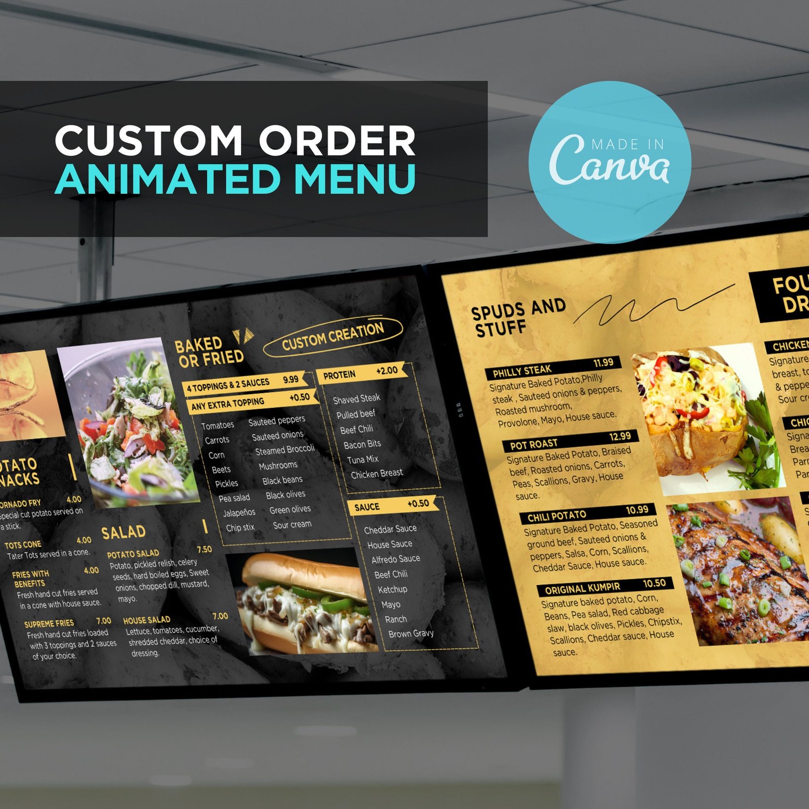3 - Custom Order Animated Digital TV Editable Canva Menu Board Screen for Restaurant Pizza Burger Cafe Breakfast Drive Thru Food Truck