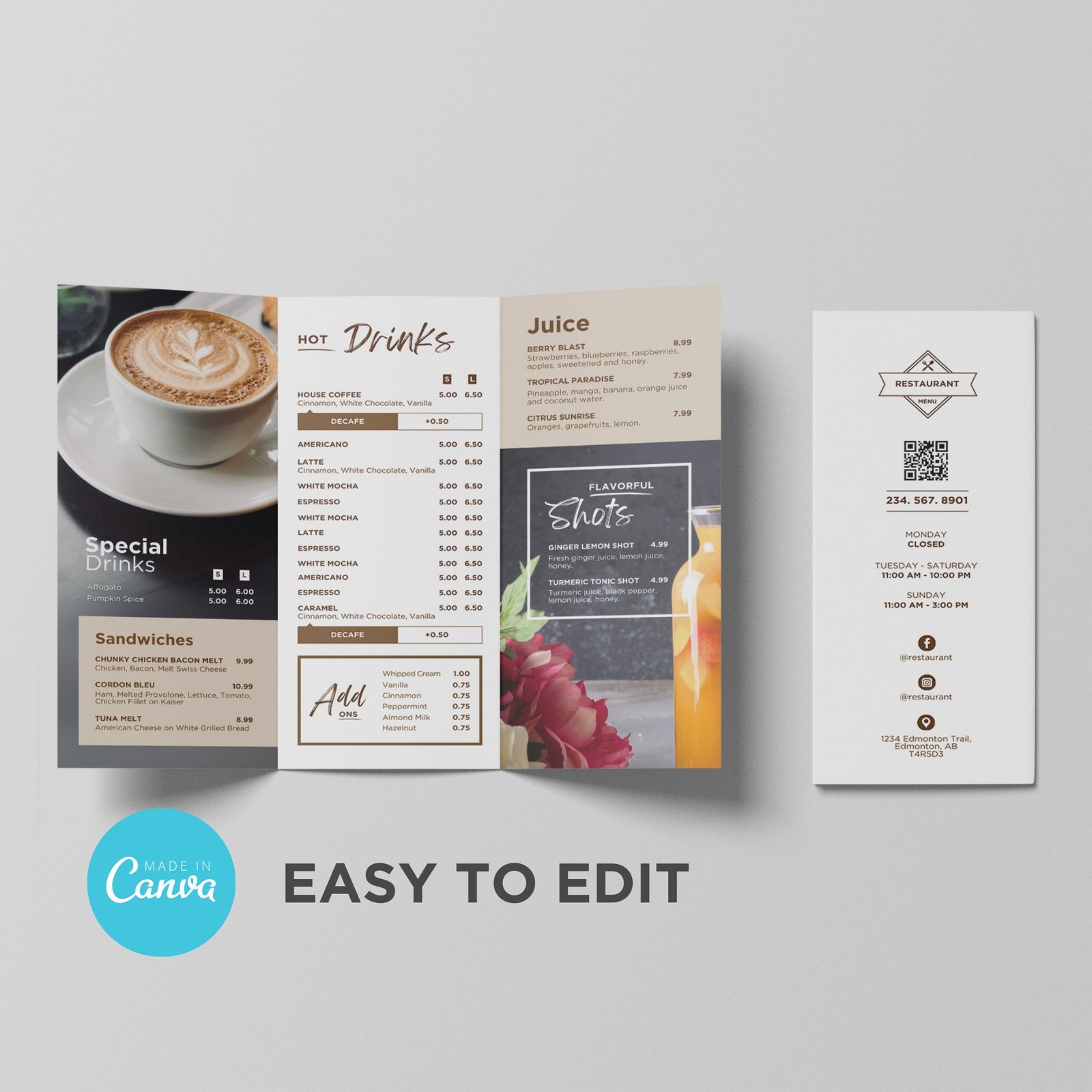 Drink Trifold Takeout To Go Brochure  Menu Template for Restaurant Sandwich Cafe Breakfast Drive Thru Food Truck Tea Smoothie
