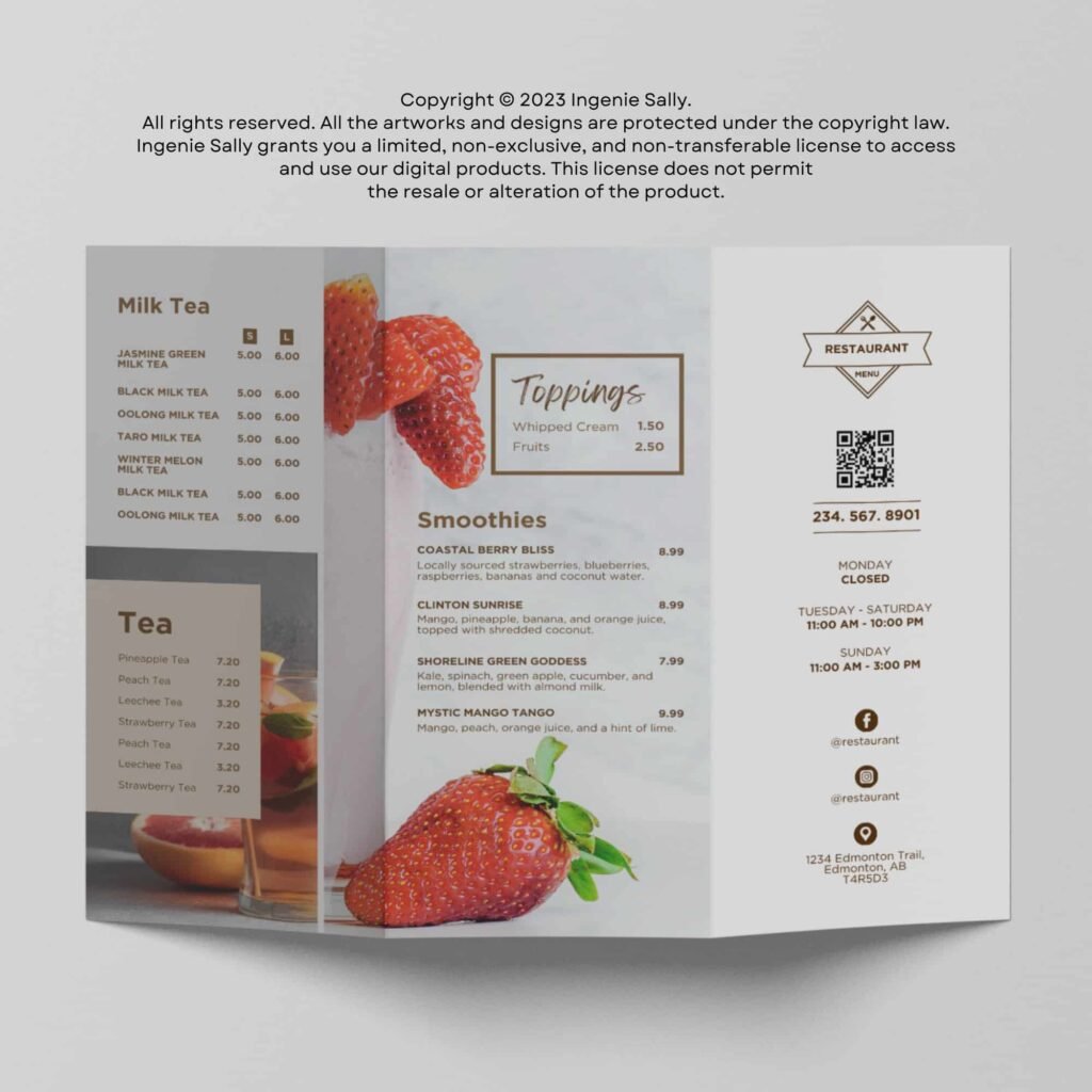 Printable Trifold Juice and Smoothie Takeout Brochure Canva Editable Menu Template