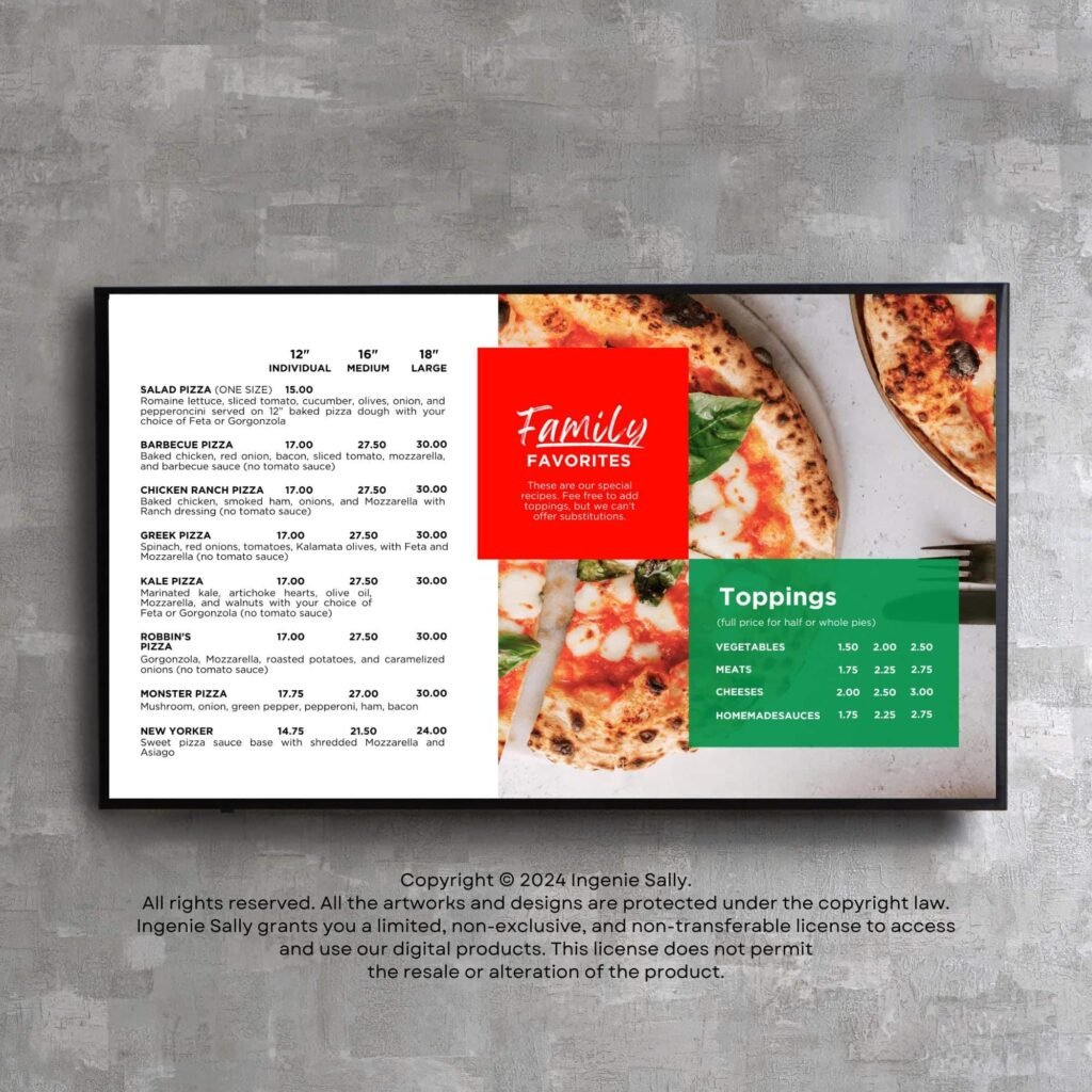 Pizza Restaurant and Cafe TV Digital Menu Board Horizontal Canva Template