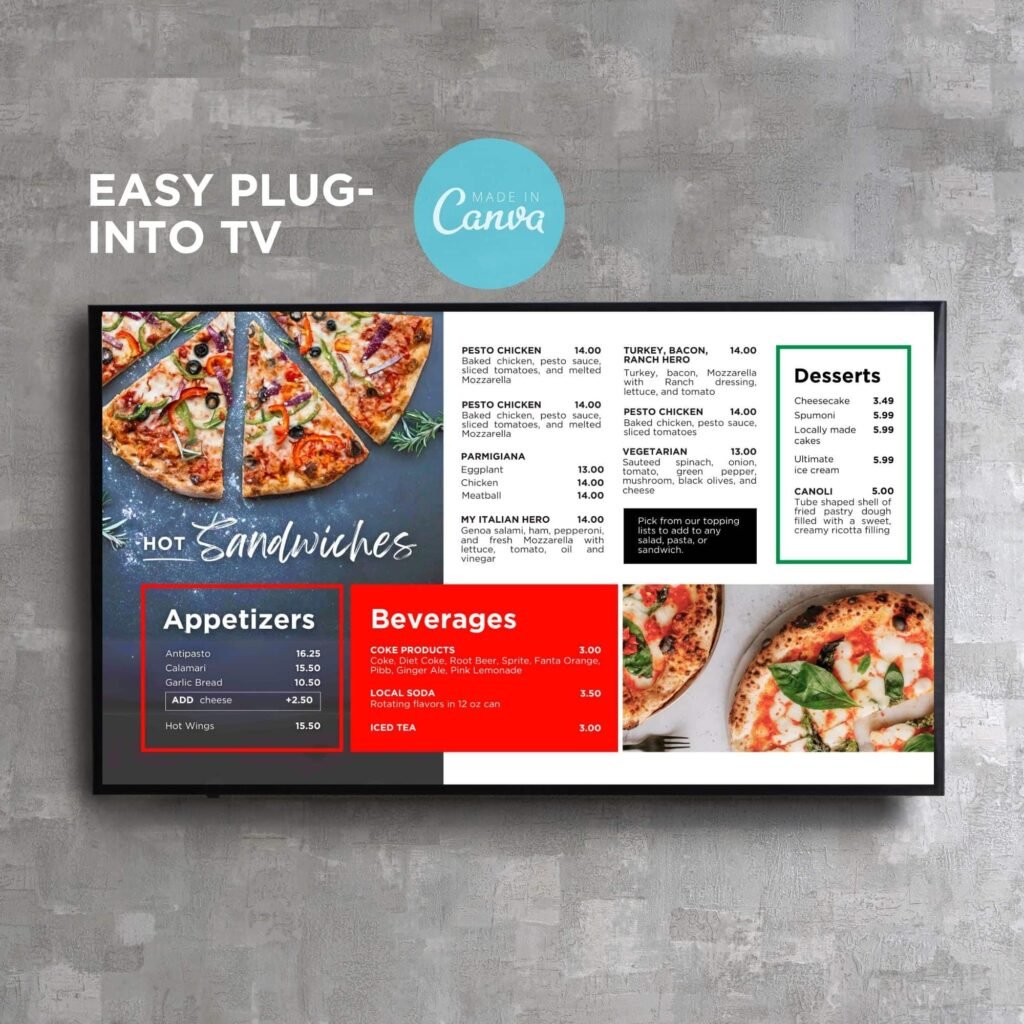 Pizza Restaurant and Cafe TV Digital Menu Board Horizontal Canva Template