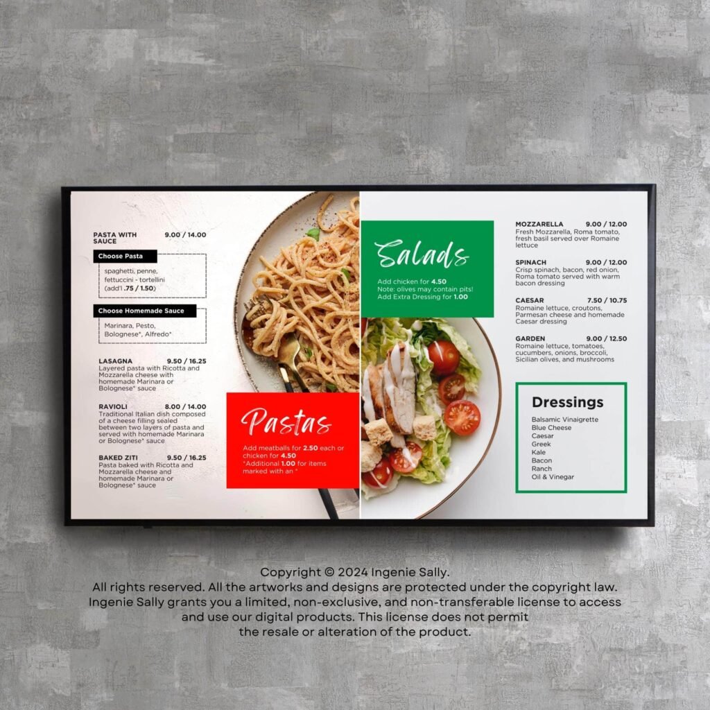 Pizza Restaurant and Cafe TV Digital Menu Board Horizontal Canva Template