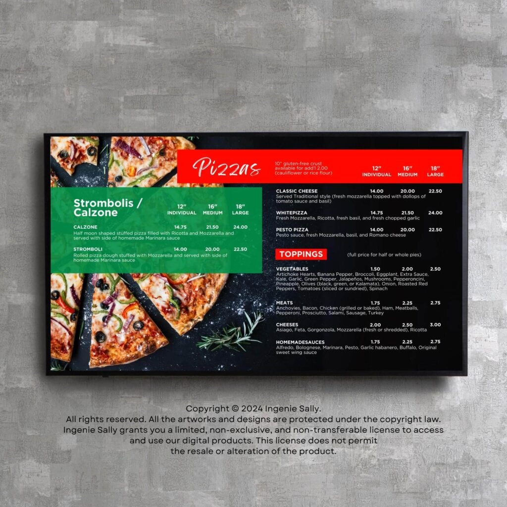 Pizza Restaurant and Cafe TV Digital Menu Board Horizontal Canva Template