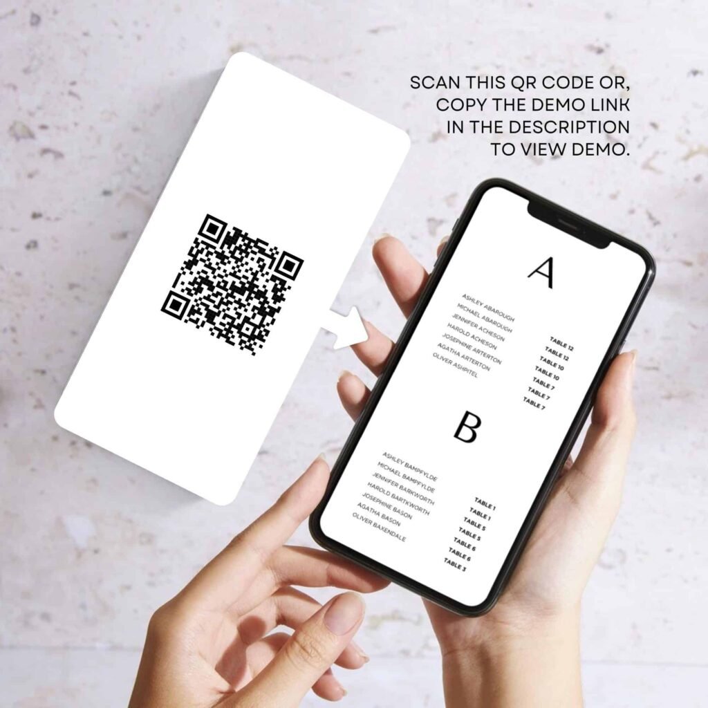 Wedding Digital Seating Chart and Order of Events Canva Template with QR Code