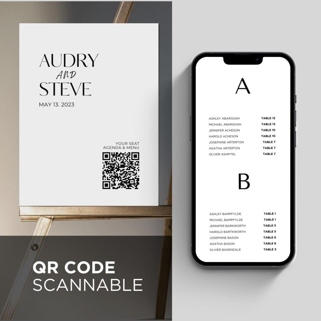 Wedding Digital Seating Chart and Order of Events Canva Template with QR Code