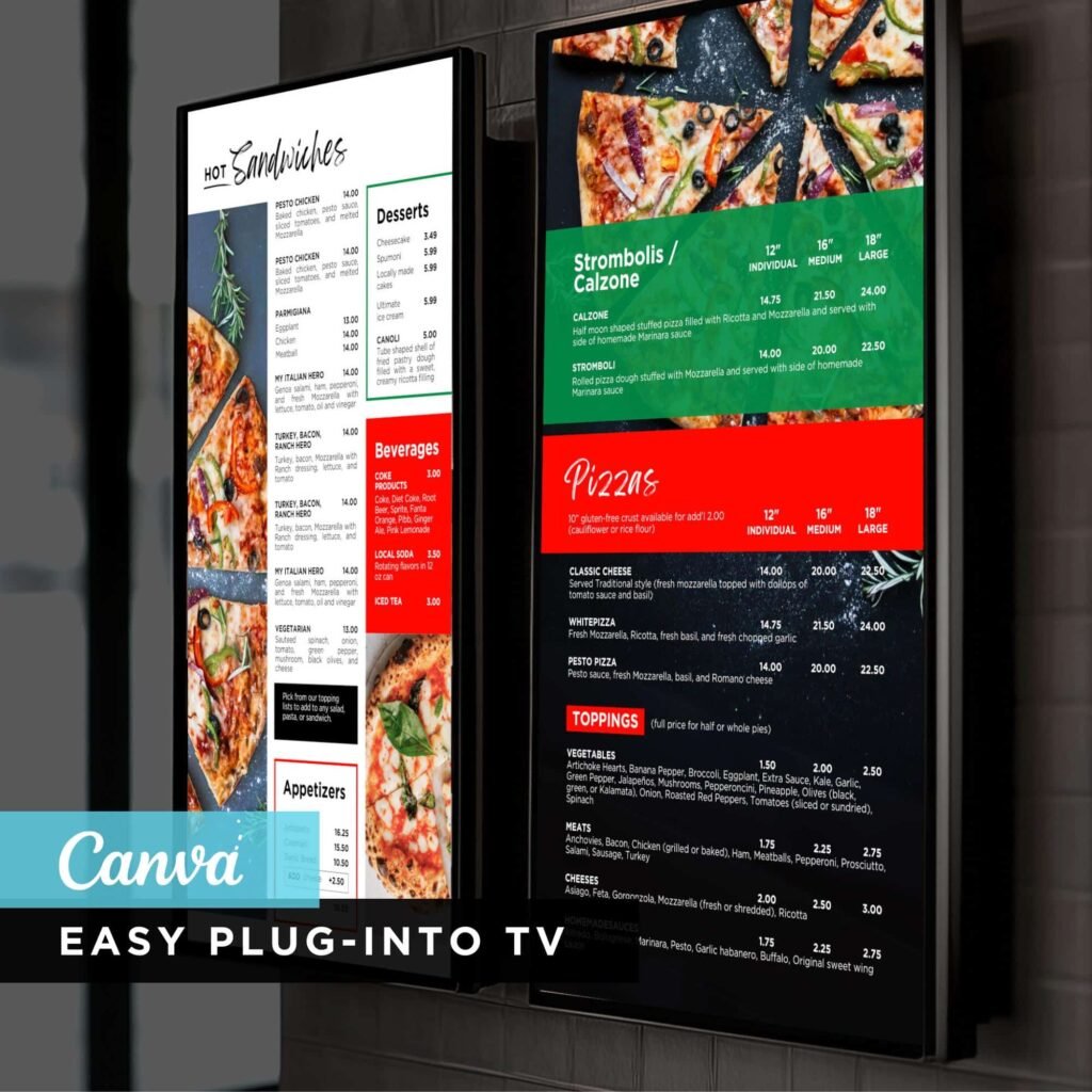 Pizza Restaurant and Cafe TV Digital Menu Board Vertical Canva Template