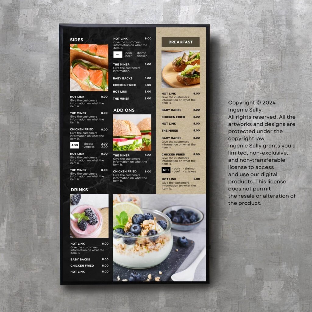 Black Slate Digital Restaurant and Cafe TV Digital Menu Board Vertical Canva Template