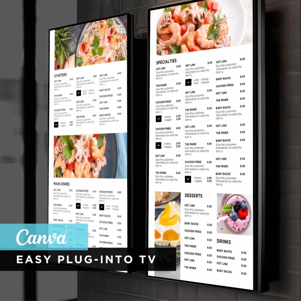 White Restaurant and Cafe TV Digital Menu Board Vertical Canva Template