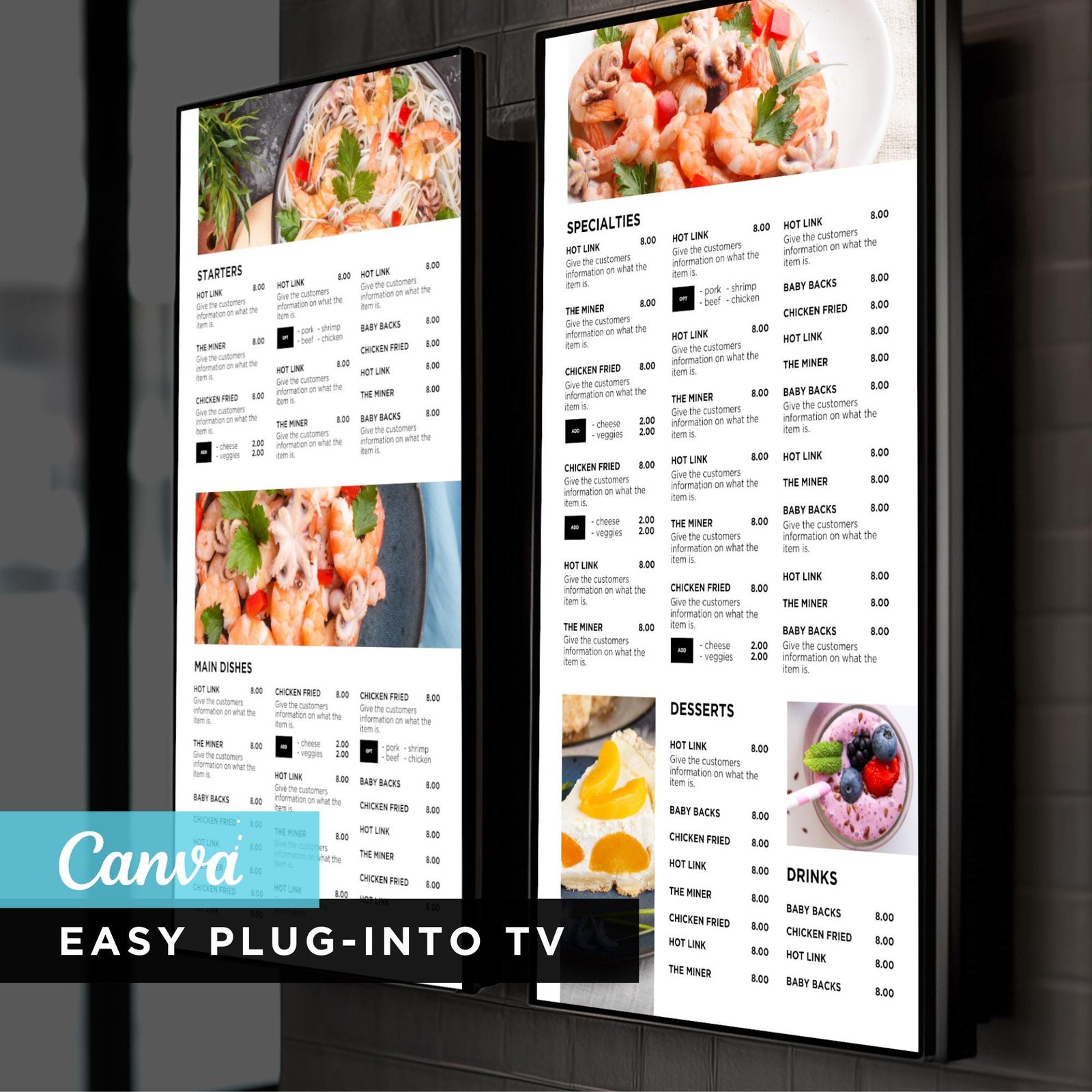 DIY Static TV Editable Digital Menu Board Screen Canva Template for Restaurant Pizza Burger Cafe Breakfast Drive Thru Food Truck Kitchen