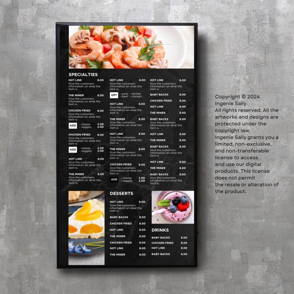 Black Restaurant and Cafe TV Digital Menu Board Vertical Canva Template