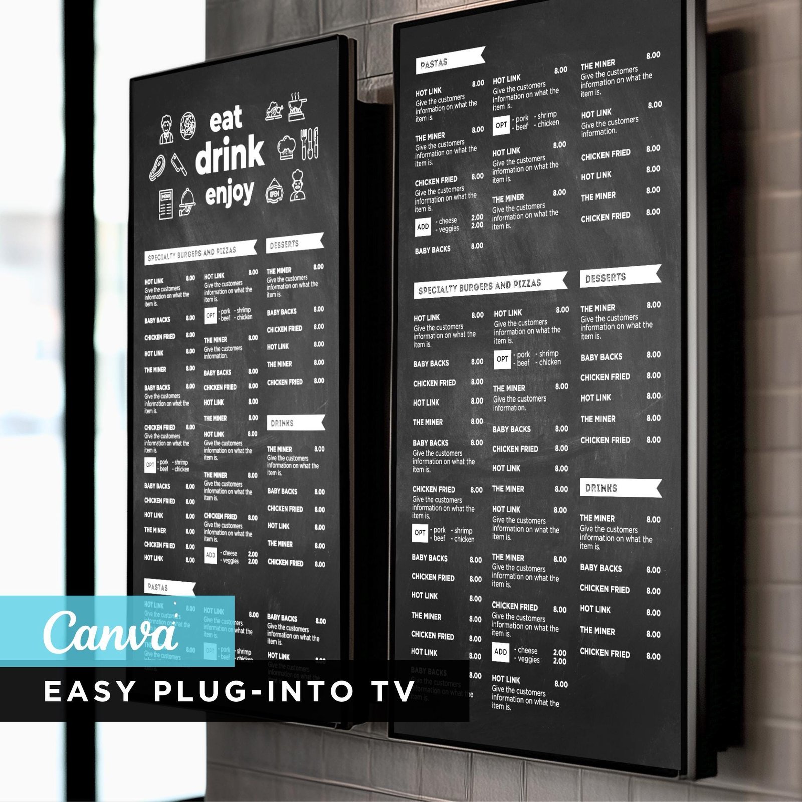 DIY Static TV Editable Digital Menu Board Screen Canva Template for Restaurant Pizza Burger Cafe Breakfast Drive Thru Food Truck Kitchen