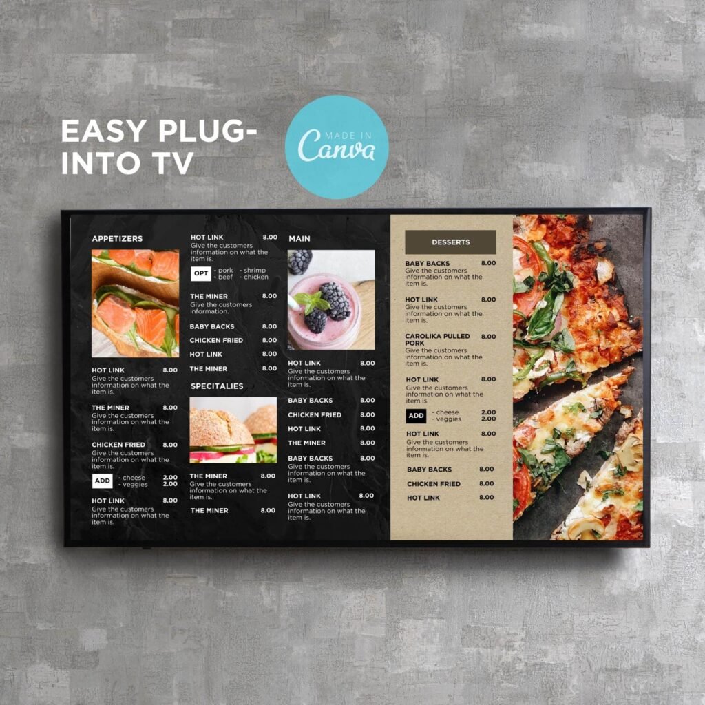 Black Slate Restaurant and Cafe TV Digital Editable Menu Board Horizontal Canva Template
