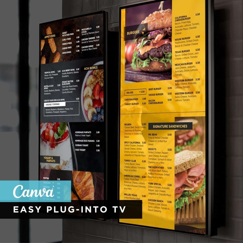 Bright Yellow Style Restaurant and Cafe TV Digital Menu Board Vertical Canva Template