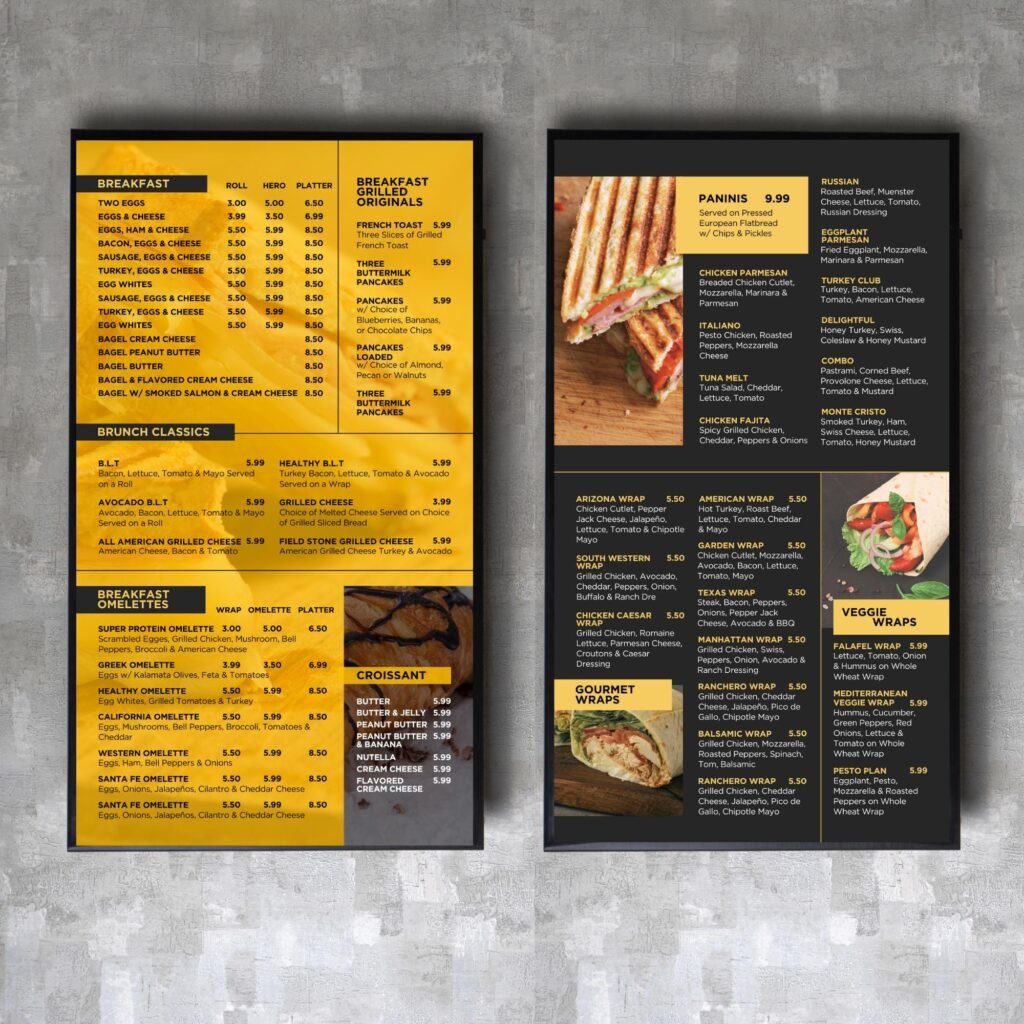 Bright Yellow Style Restaurant and Cafe TV Digital Menu Board Vertical Canva Template