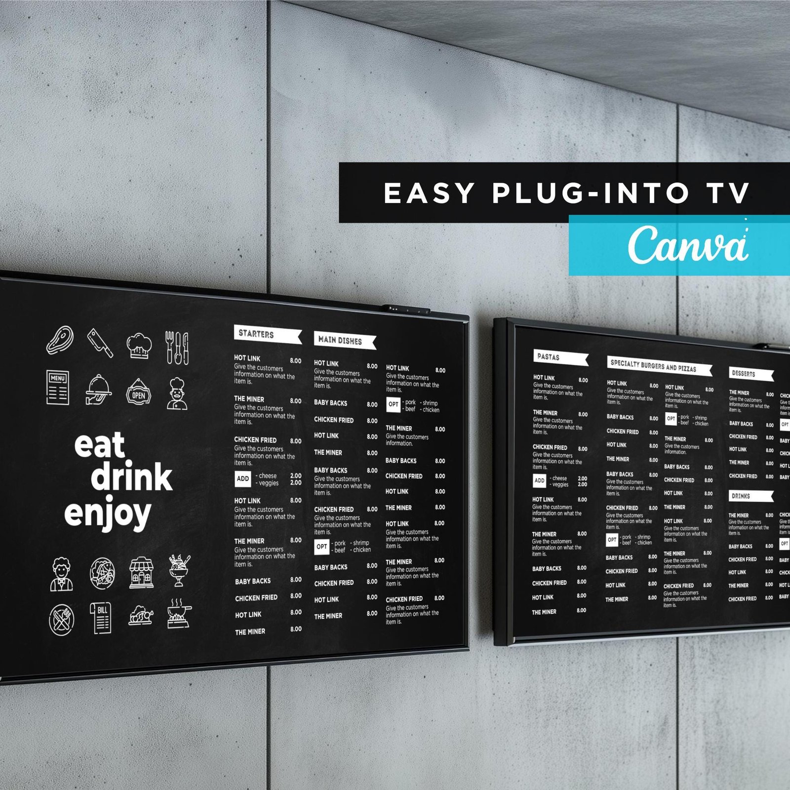 DIY Static TV Editable Digital Menu Board Screen Canva Template for Restaurant Pizza Burger Cafe Breakfast Drive Thru Food Truck Kitchen