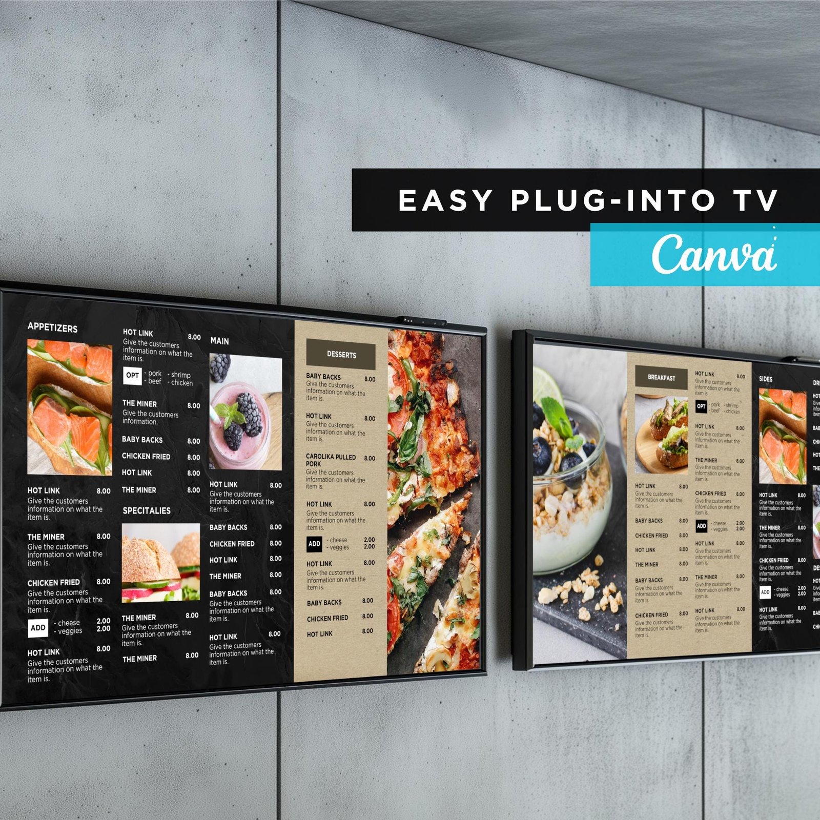 DIY Static TV Editable Digital Menu Board Screen Canva Template for Restaurant Pizza Burger Cafe Breakfast Drive Thru Food Truck Kitchen bbq