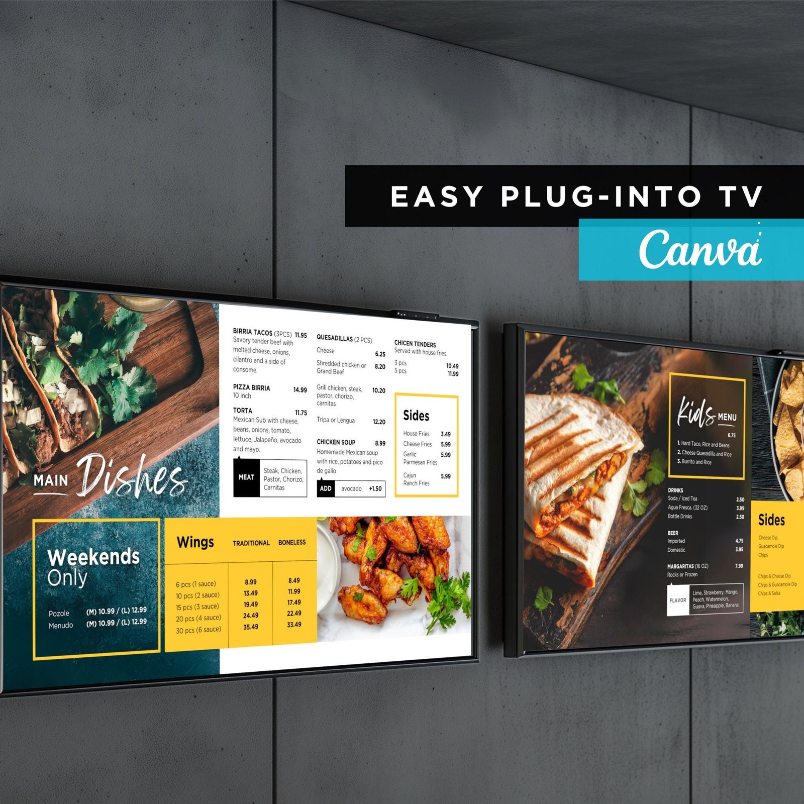 DIY Mexican Static TV Editable Digital Menu Board Screen Canva Template for Restaurant Pizza Burger Cafe Breakfast Drive Thru Food Truck