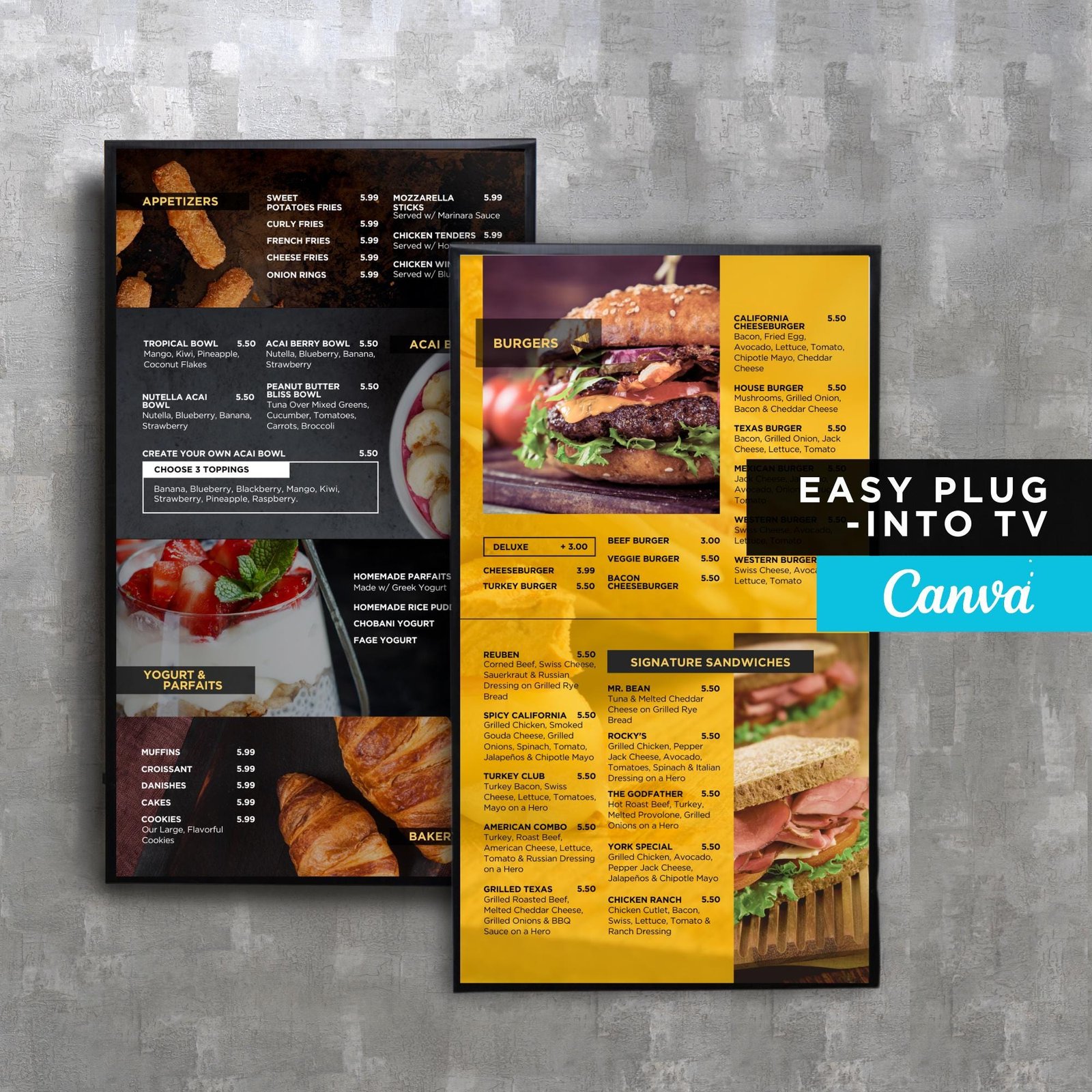 DIY Static TV Editable Digital Menu Board Screen Canva Template for Restaurant Sandwich Cafe Breakfast Drive Thru Food Truck Pizza Pasta