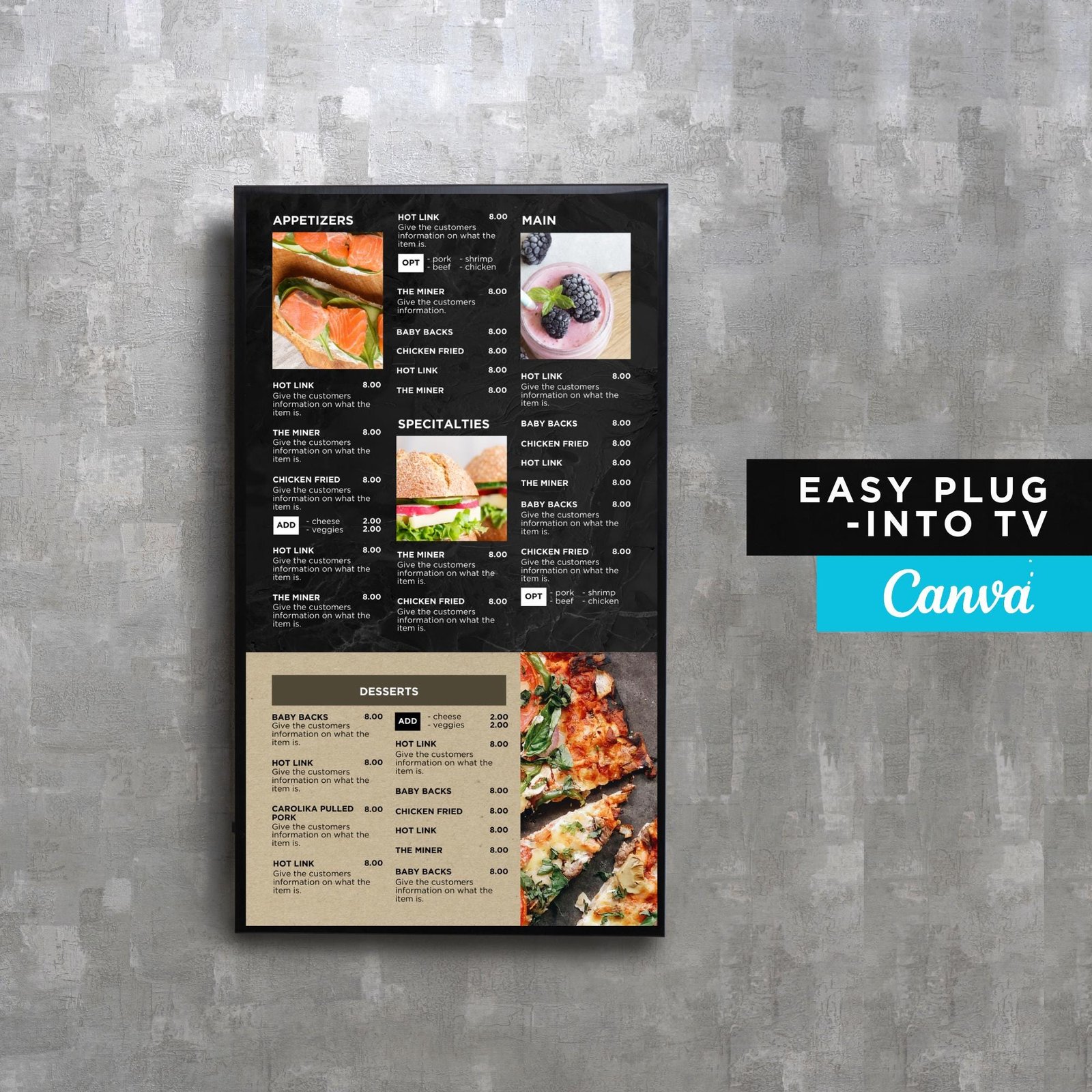 DIY Static TV Editable Digital Menu Board Screen Canva Template for Restaurant Pizza Burger Cafe Breakfast Drive Thru Food Truck Kitchen bbq