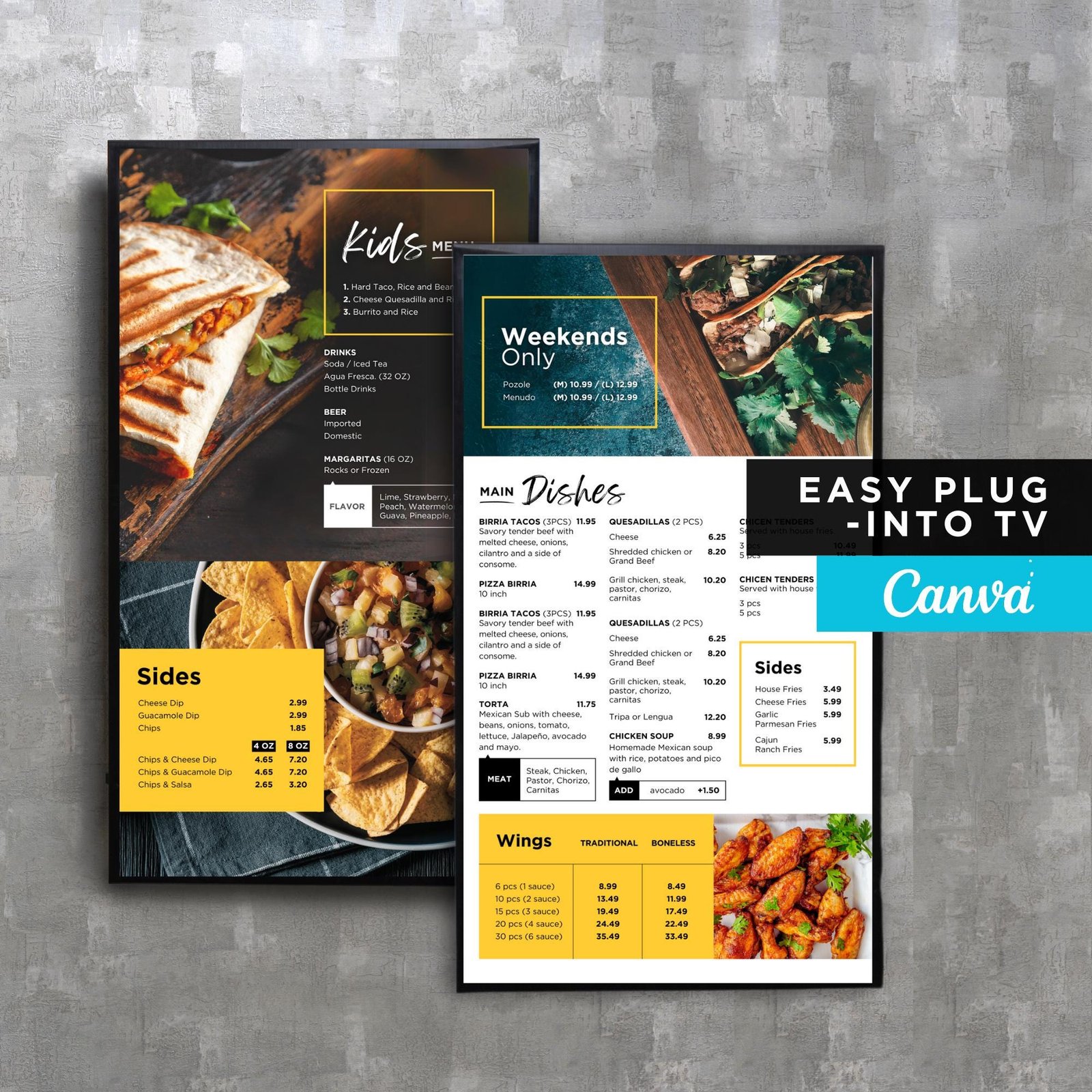 DIY Mexican Static TV Editable Digital Menu Board Screen Canva Template for Restaurant Pizza Burger Cafe Breakfast Drive Thru Food Truck
