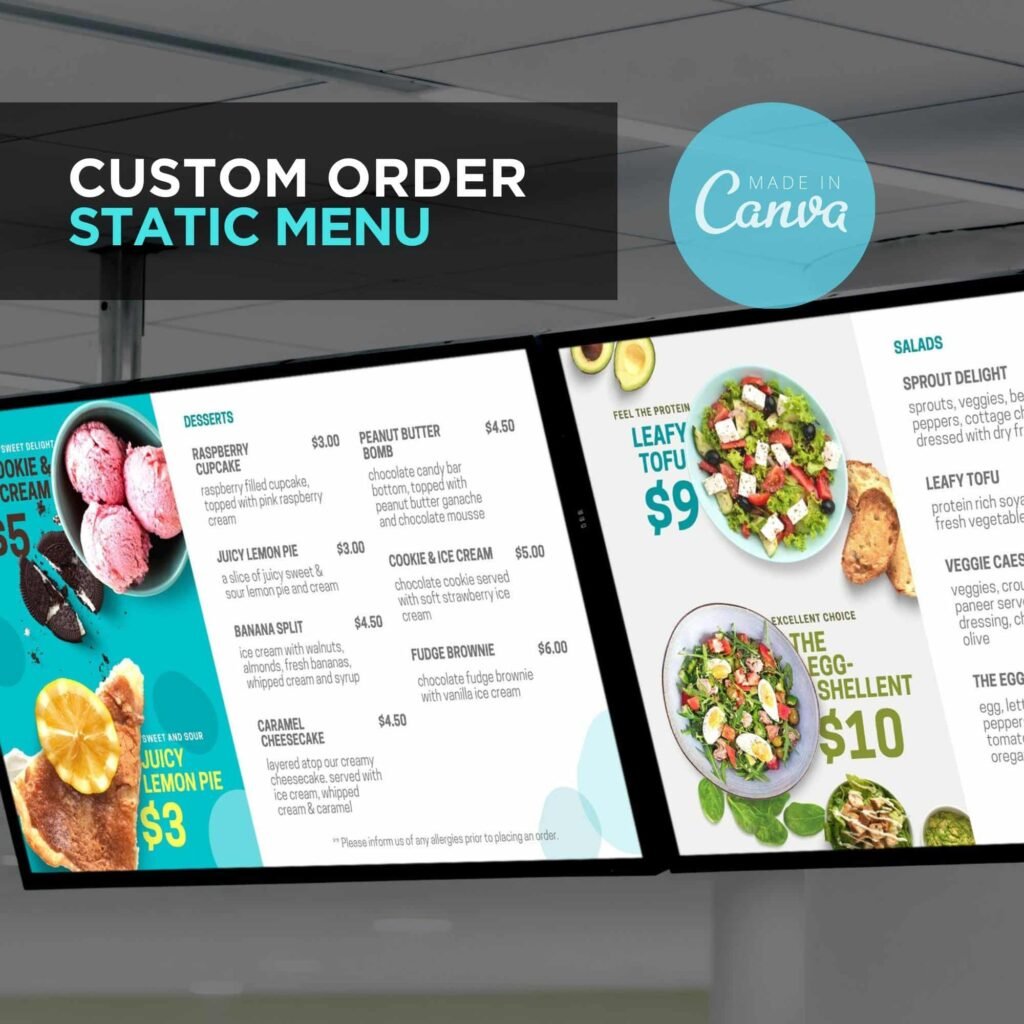3 Screen Custom Static TV Digital / LED Canva Menu Board Design Service