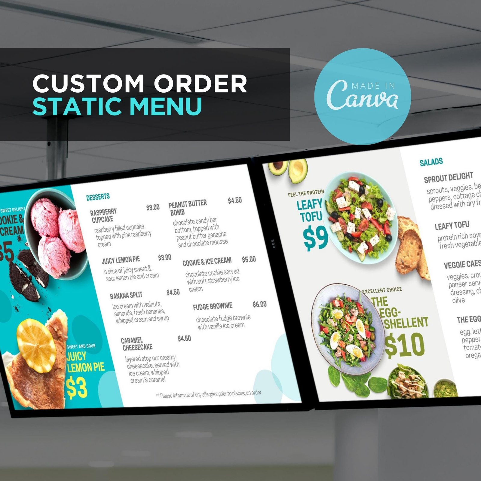 3 - Custom Order Static Digital TV, LED Backlit, Editable Canva Menu Board Screen for Restaurant Pizza Burger Cafe Drive Thru Food Truck