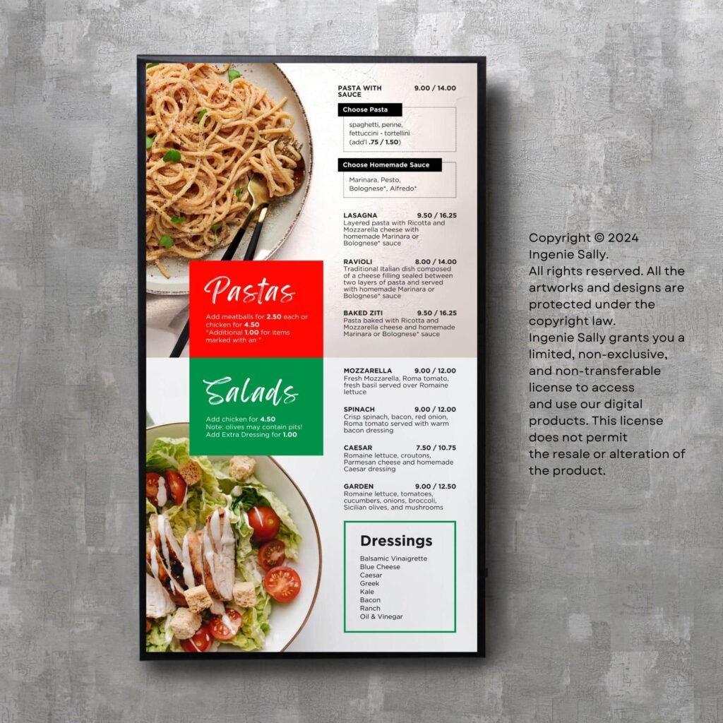 Pizza Restaurant and Cafe TV Digital Menu Board Vertical Canva Template