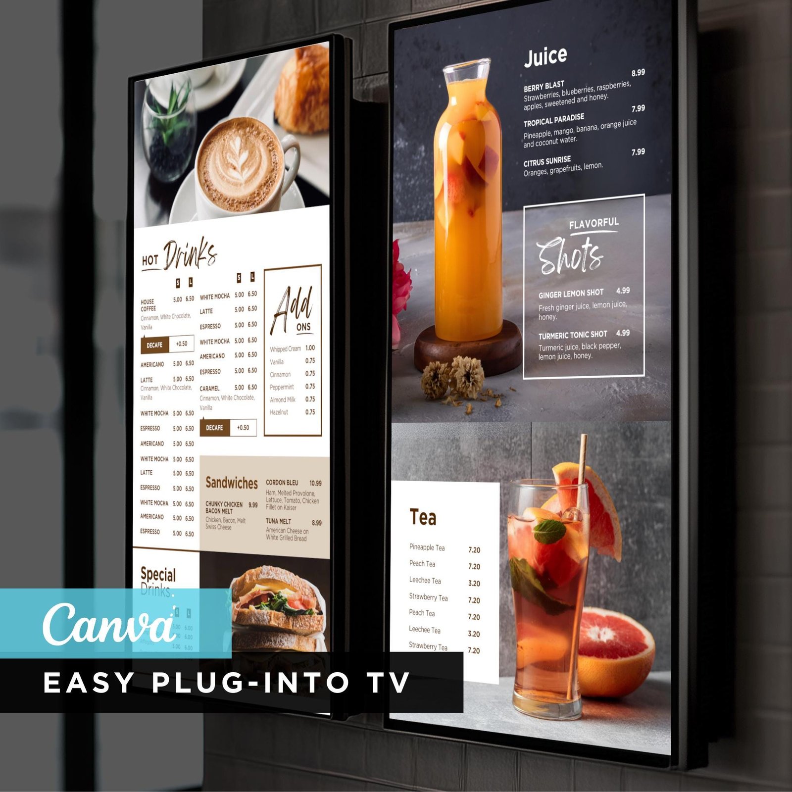 DIY Static TV Editable Digital Menu Board Screen Canva Template for Restaurant Sandwich Cafe Breakfast Drive Thru Food Truck Tea Smoothie