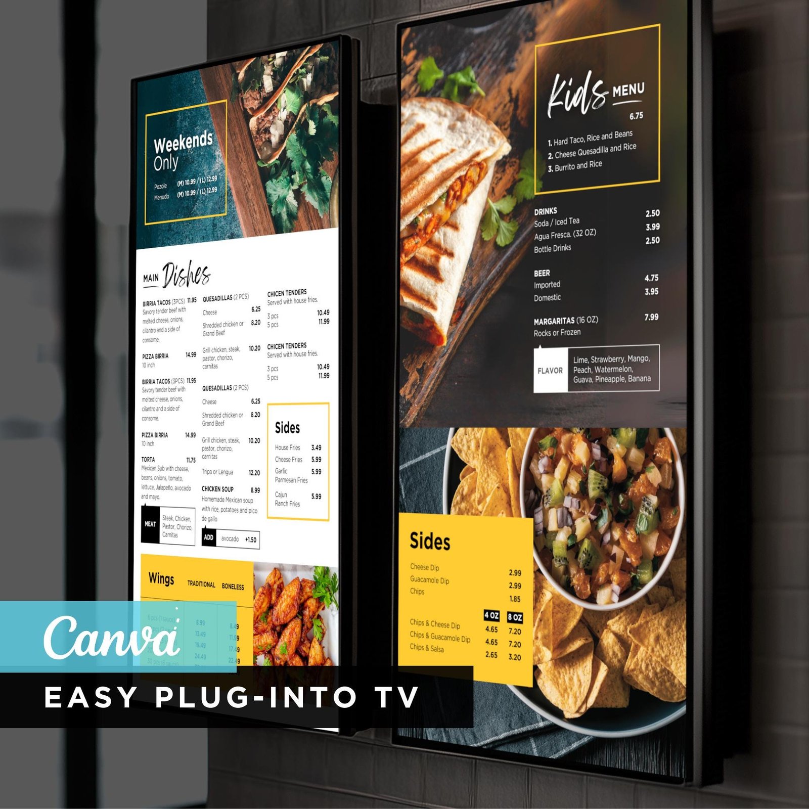 DIY Mexican Static TV Editable Digital Menu Board Screen Canva Template for Restaurant Pizza Burger Cafe Breakfast Drive Thru Food Truck