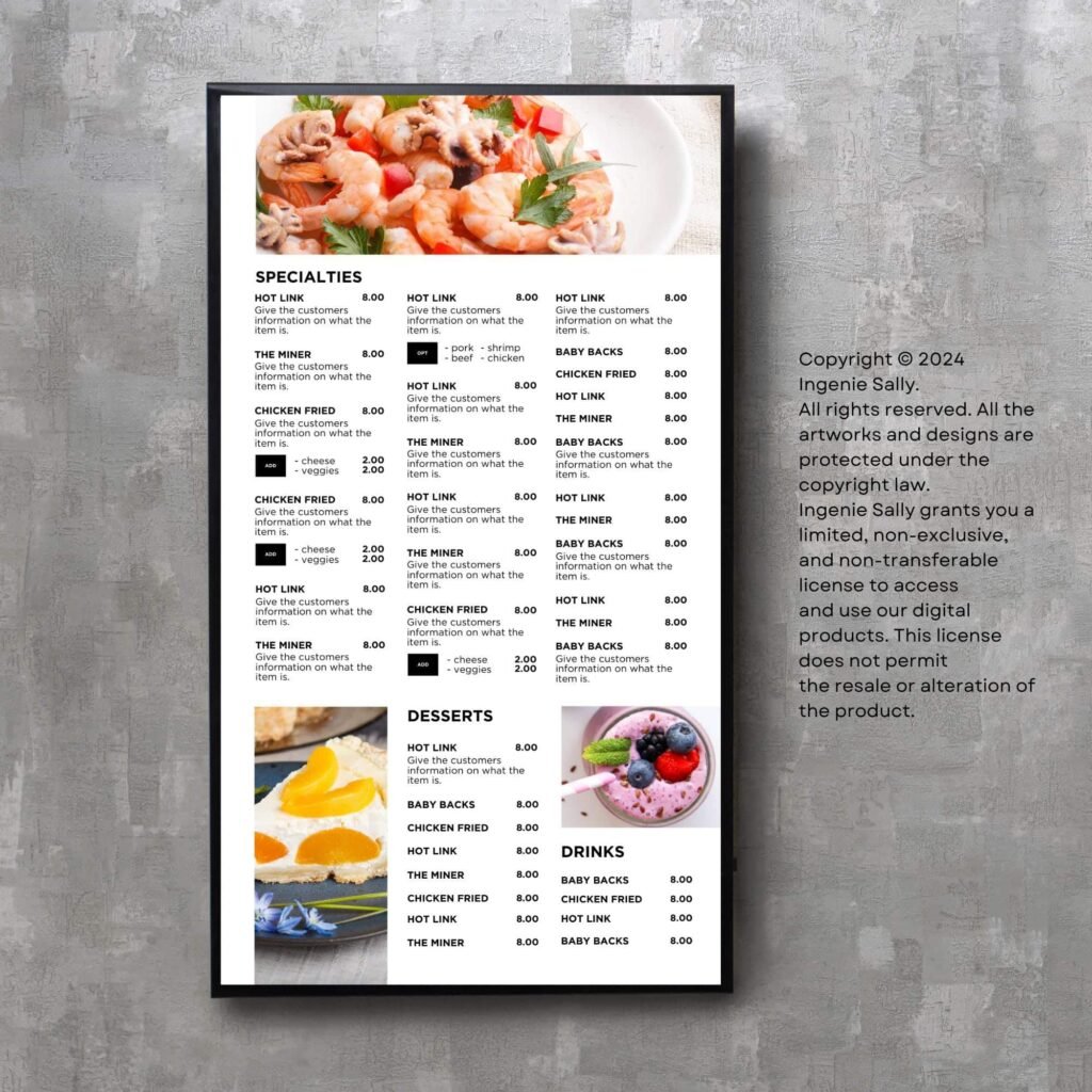 White Restaurant and Cafe TV Digital Menu Board Vertical Canva Template