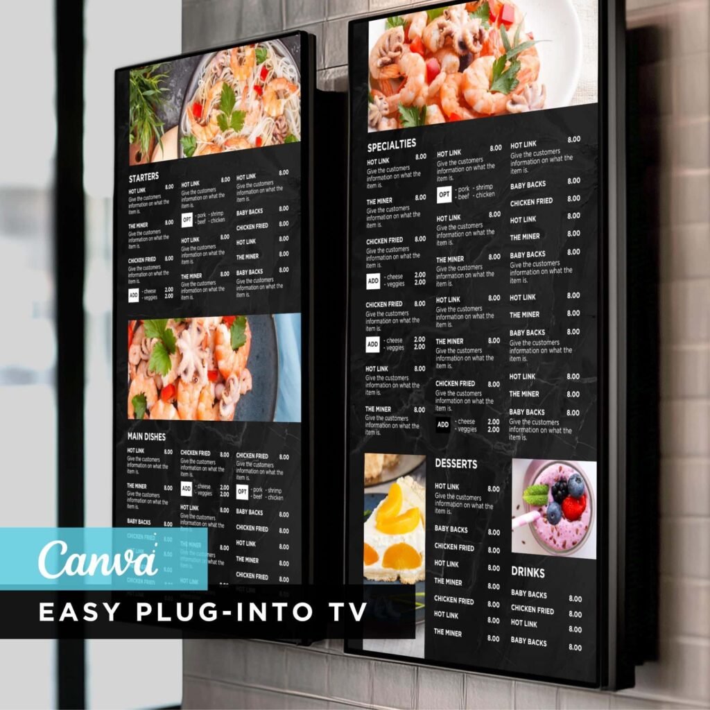 Black Restaurant and Cafe TV Digital Menu Board Vertical Canva Template