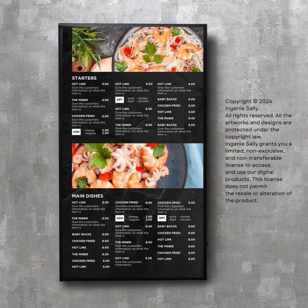 Black Restaurant and Cafe TV Digital Menu Board Vertical Canva Template