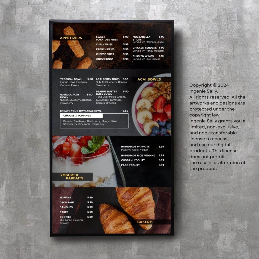 Bright Yellow Style Restaurant and Cafe TV Digital Menu Board Vertical Canva Template