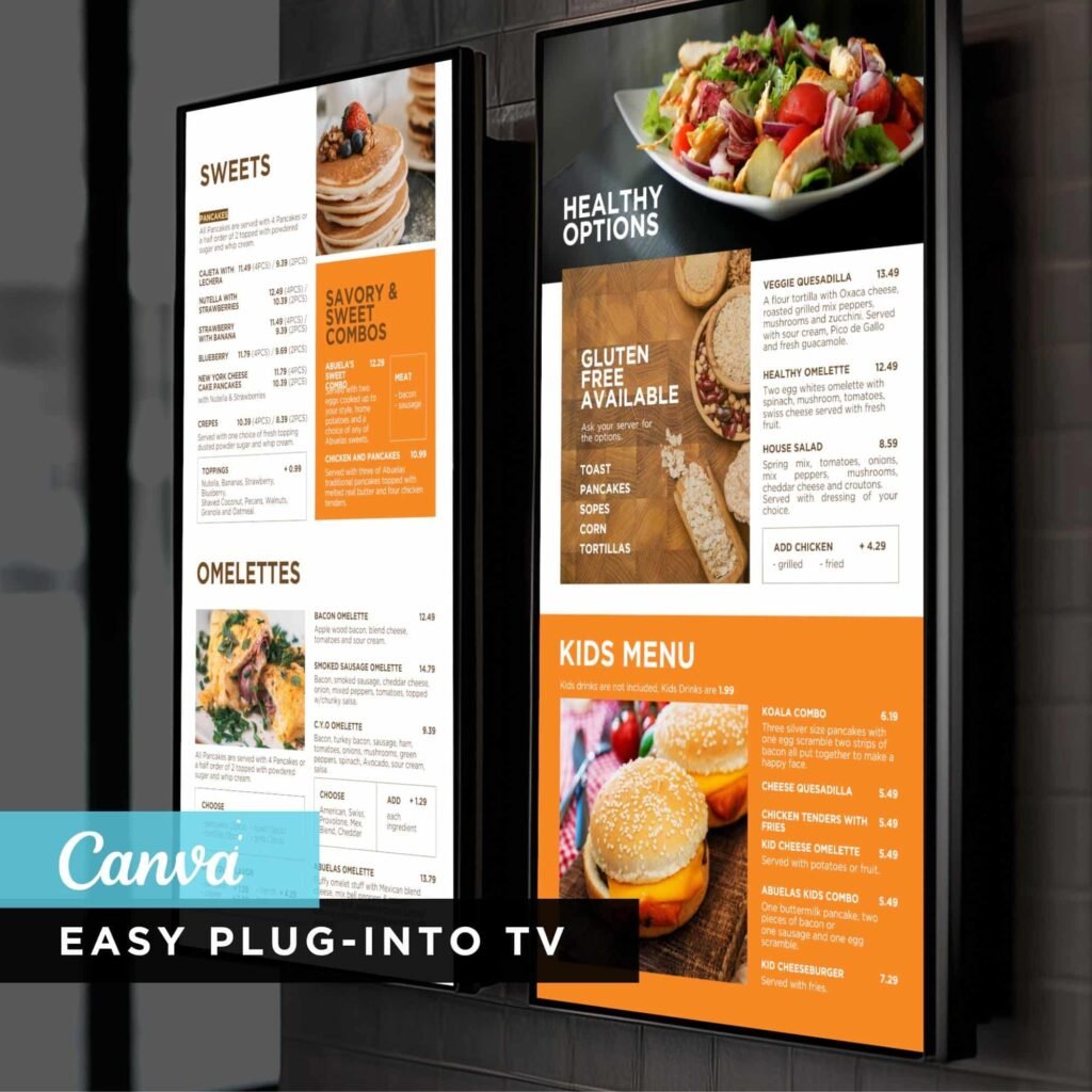 Orange and White Restaurant and Cafe TV Digital Menu Board Vertical Canva Template