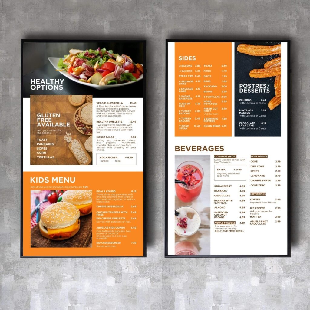 Orange and White Restaurant and Cafe TV Digital Menu Board Vertical Canva Template