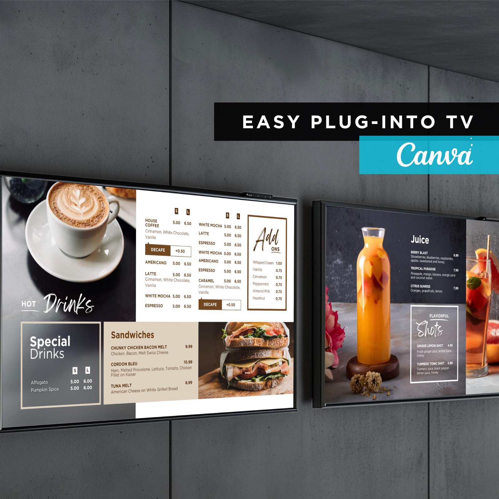 DIY Static TV Editable Digital Menu Board Screen Canva Template for Restaurant Sandwich Cafe Breakfast Drive Thru Food Truck Tea Smoothie