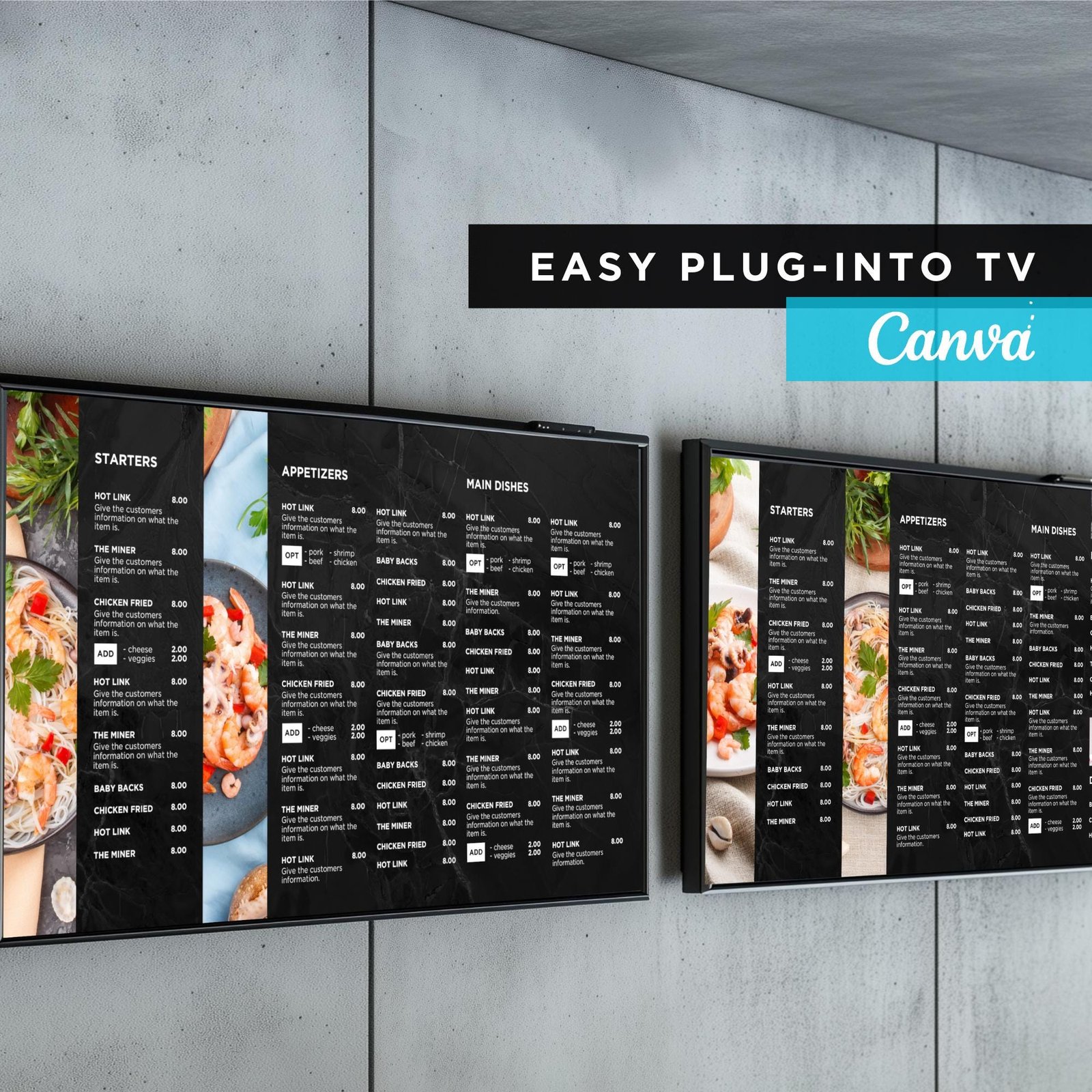 DIY Static TV Editable Digital Menu Board Screen Canva Template for Restaurant Pizza Burger Cafe Breakfast Drive Thru Food Truck Kitchen