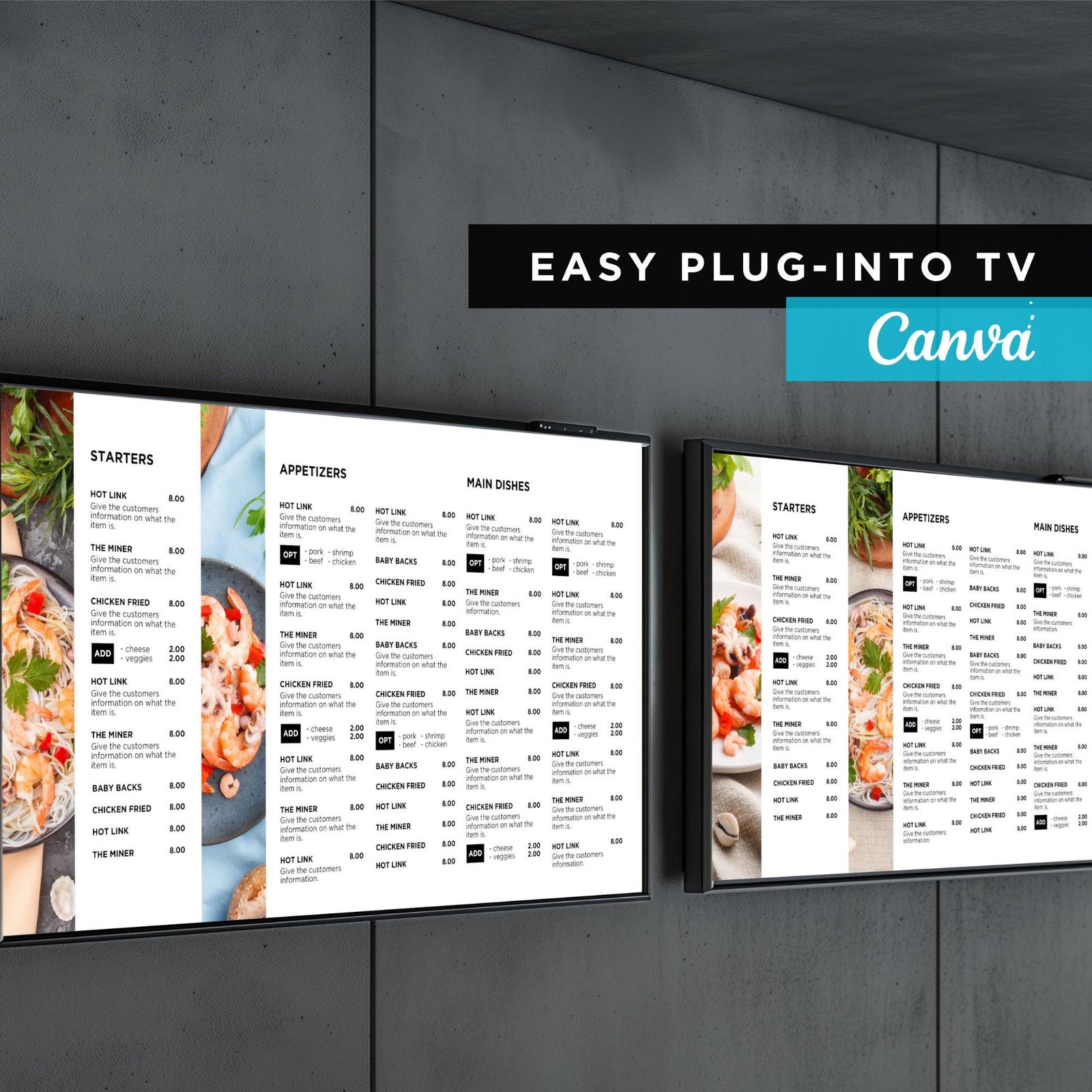 DIY Static TV Editable Digital Menu Board Screen Canva Template for Restaurant Pizza Burger Cafe Breakfast Drive Thru Food Truck Kitchen