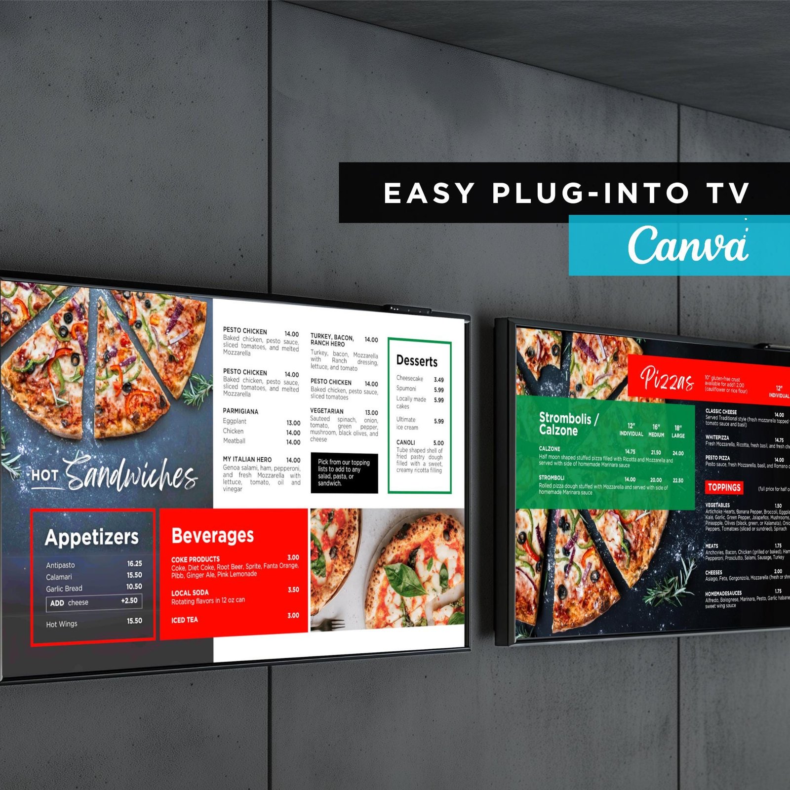 DIY Static TV Editable Digital Menu Board Screen Canva Template for Restaurant Sandwich Cafe Breakfast Drive Thru Food Truck Pizza Pasta