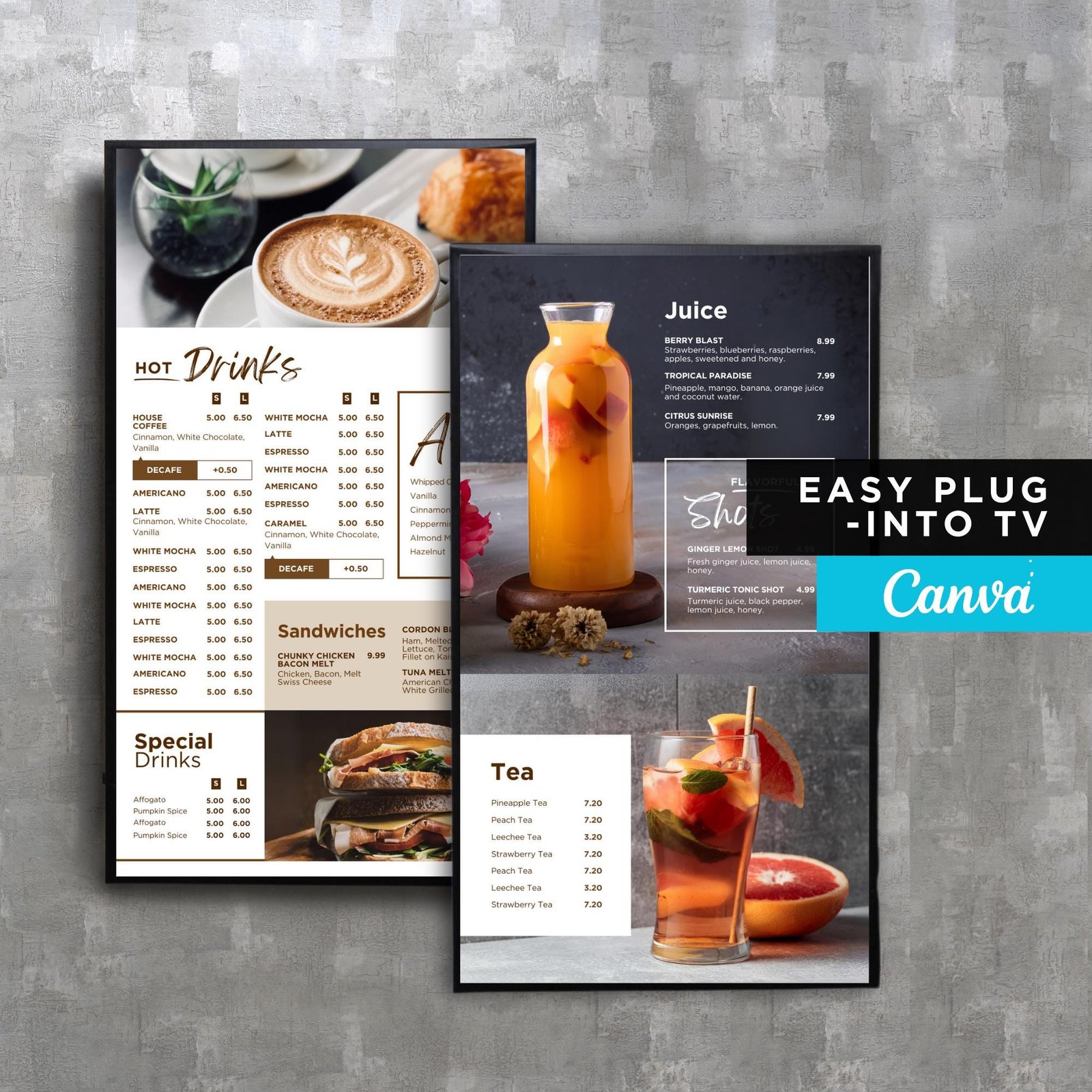 DIY Static TV Editable Digital Menu Board Screen Canva Template for Restaurant Sandwich Cafe Breakfast Drive Thru Food Truck Tea Smoothie