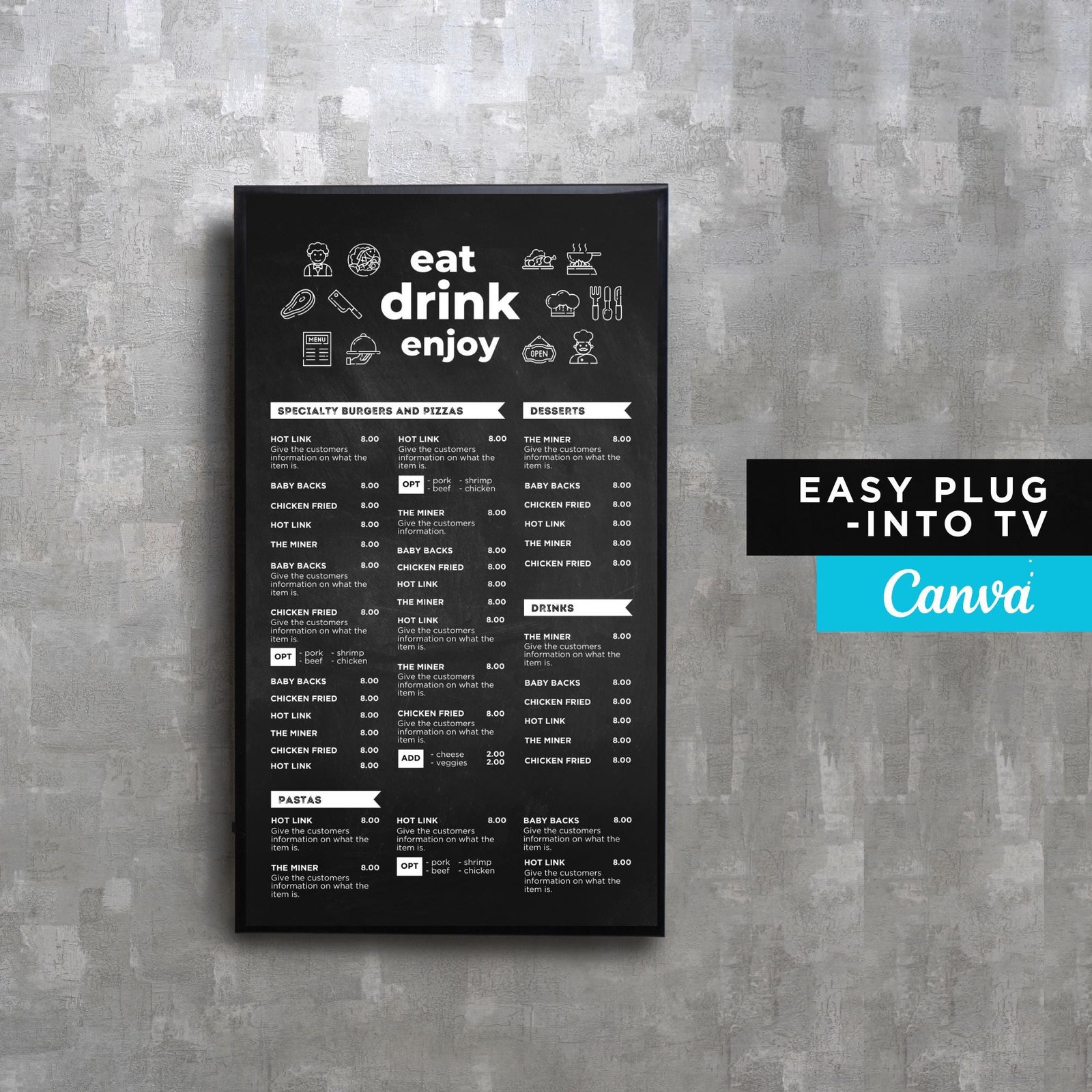 DIY Static TV Editable Digital Menu Board Screen Canva Template for Restaurant Pizza Burger Cafe Breakfast Drive Thru Food Truck Kitchen