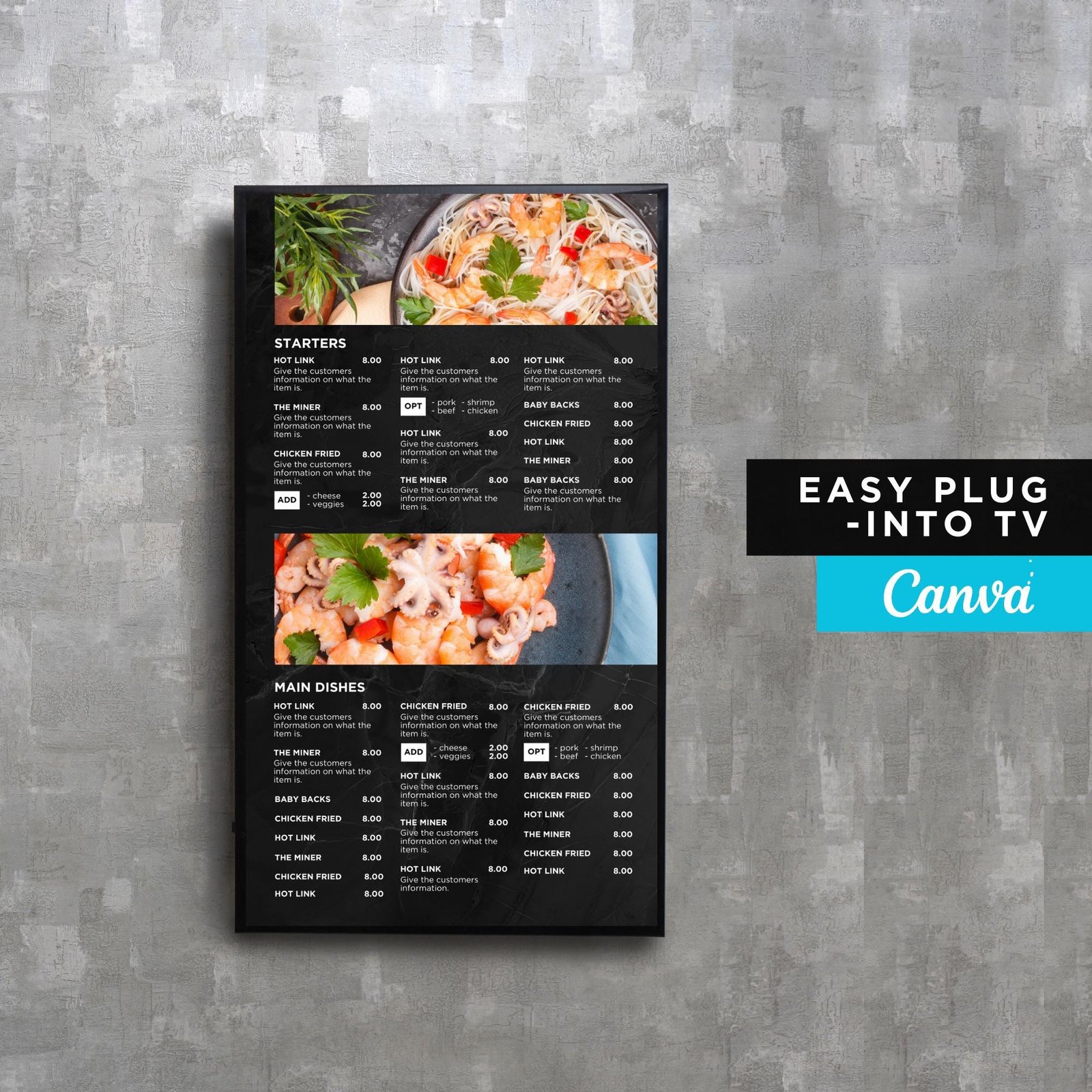 DIY Static TV Editable Digital Menu Board Screen Canva Template for Restaurant Pizza Burger Cafe Breakfast Drive Thru Food Truck Kitchen